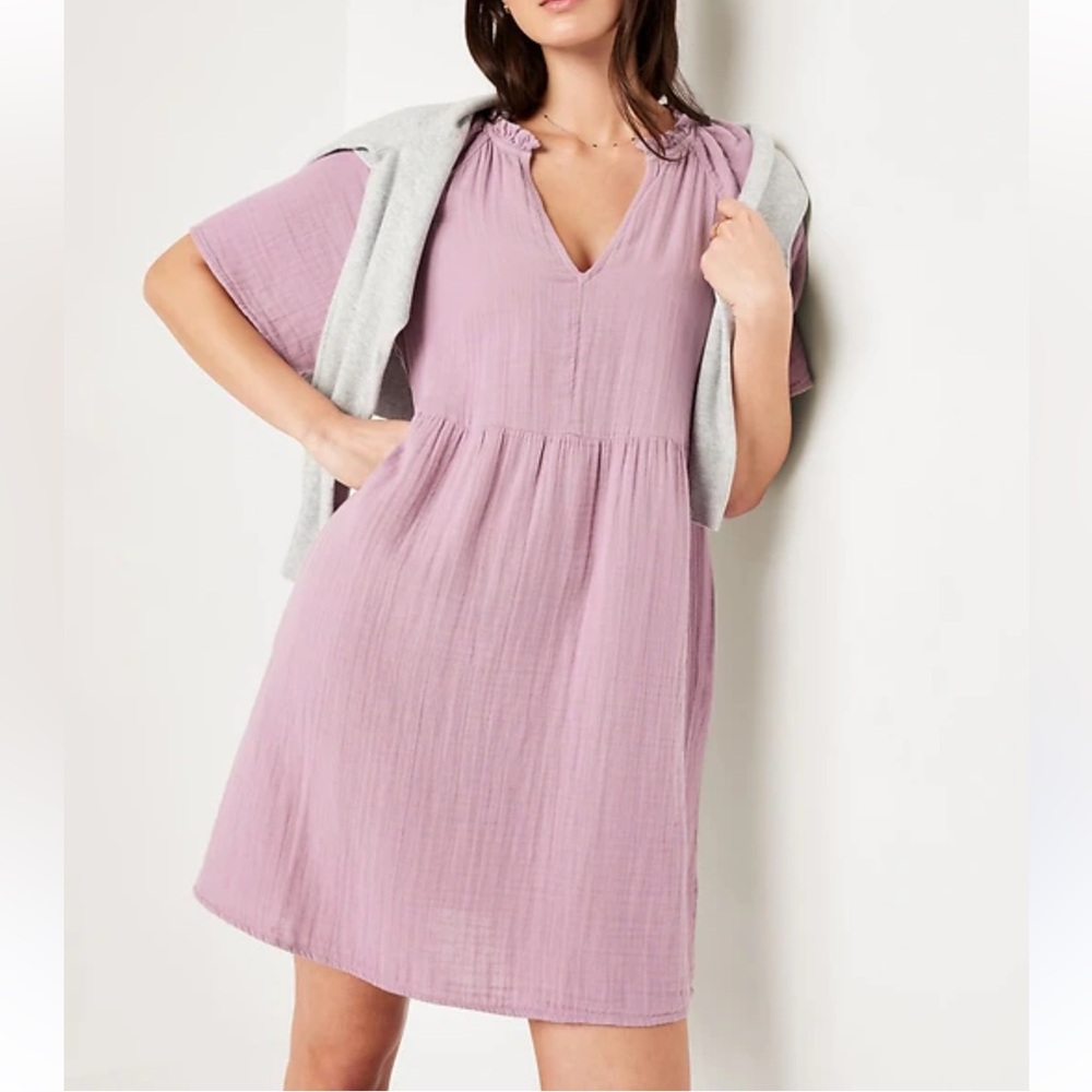 Old Navy Mini Dress Swing Women's L Purple Cotton Gauzy Boho Rose Down  New